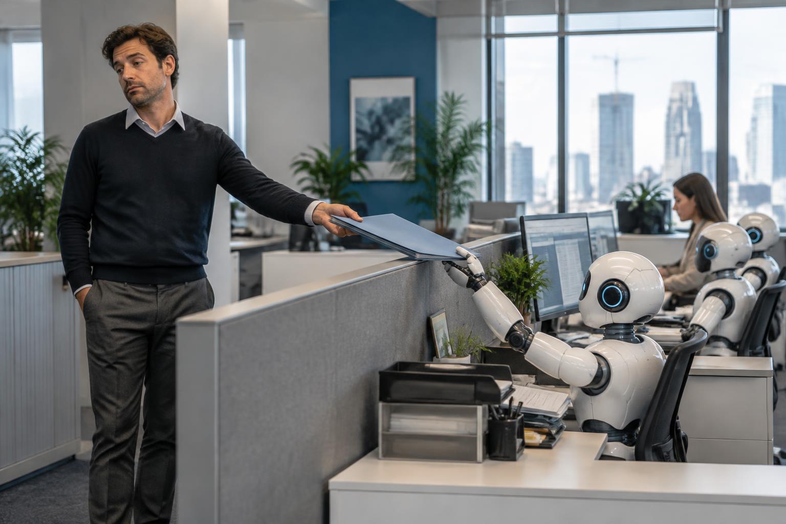 Editorial illustration of an office manager passing a folder over a partition to robot assistants.