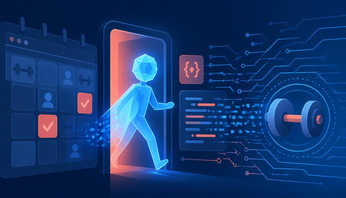 Illustratie van een autonome AI-agent die door een digitale deur van een boekingssysteem glipt
