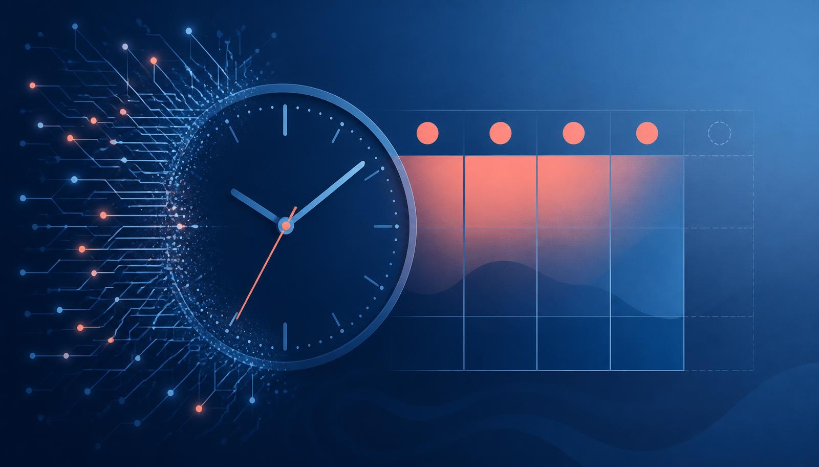Klok versmolten met AI-circuits naast een kalenderweek die van vijf naar vier dagen gaat