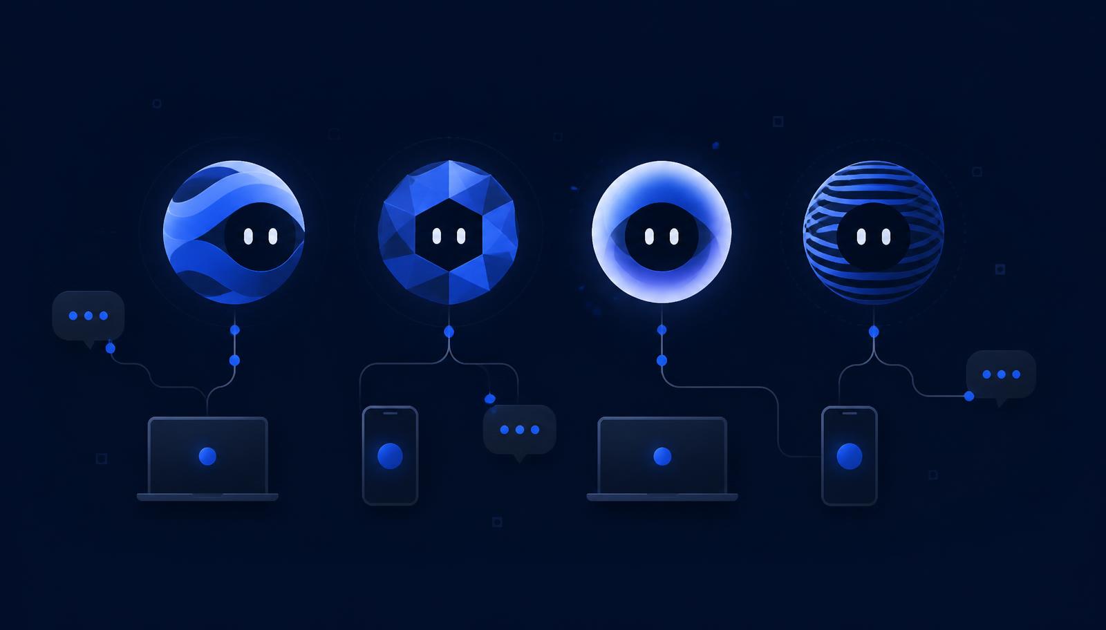 Four personal AI assistants connected to laptops and phones